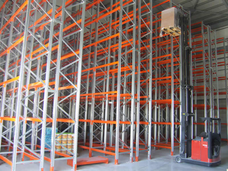 Pallet racking in a row with organized products